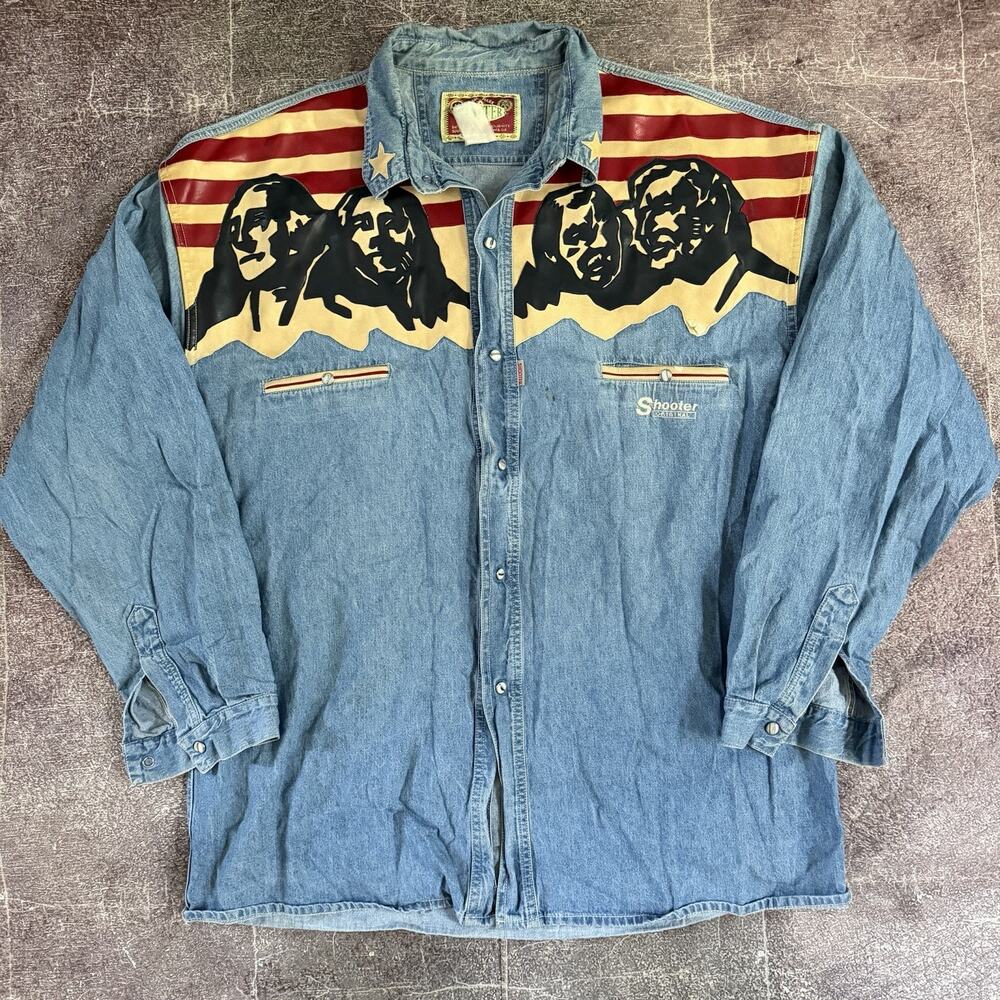 Men's Vintage 90's Shooter Mount Rushmore Denim Pearl Snap Western Shirt Sz 2XL